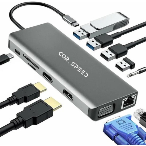 Cor.Speed 12-in-1 USB C docking station laptop – Dual HDMI - USB C dock – PREMIUM USB C hub – Space Grey