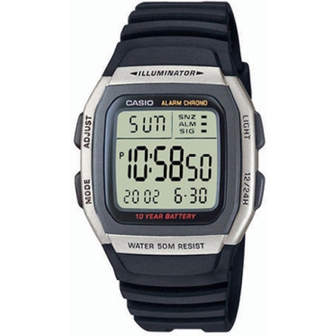 Casio horloge W-96H-1A met automatische kalender: datum, maand en dag, 4 soorten alarm en snooze functie, illuminator, tweede tijdzone...