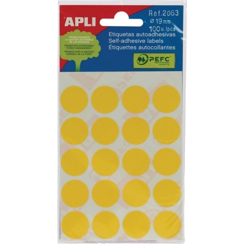 Apli ronde etiketten in etui diameter 19 mm, geel, 100 stuks, 20 per blad (2063)