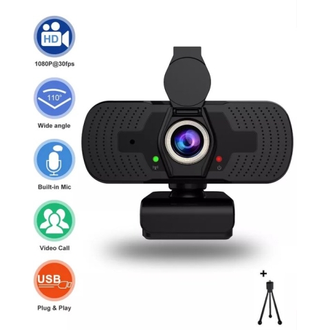 Webcam met Microfoon - Full HD 1080P - Plug and Play - Geschikt voor Windows en Mac - TEAMS ZOOM GAMING - inclusief clip, tripod en camera-cover