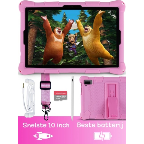 Bosstony Kindertablet vanaf 3 jaar - Ouderlijk Toezicht - 6000mAh Batterij - Incl 2x Screenprotector - Full HD Scherm - 10 inch Android Tablet - 6 GB Ram - 2.0GHz processor - 128Gb geheugen