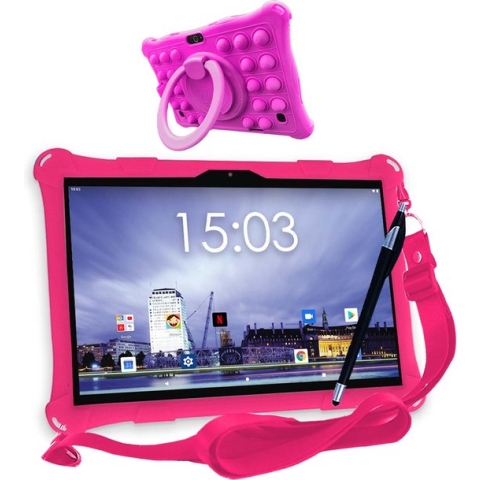AngelTech Kindertablet XL – 100%Kidsproof – Extra Groot – Vanaf 3 Jaar - Ook Voor Volwassen Gebruik - 3GB RAM - 32 + 64GB Opslag – 10 Inch - Ouderlijk Toezicht – Fidgy Beschermhoes – Roze of Blauw