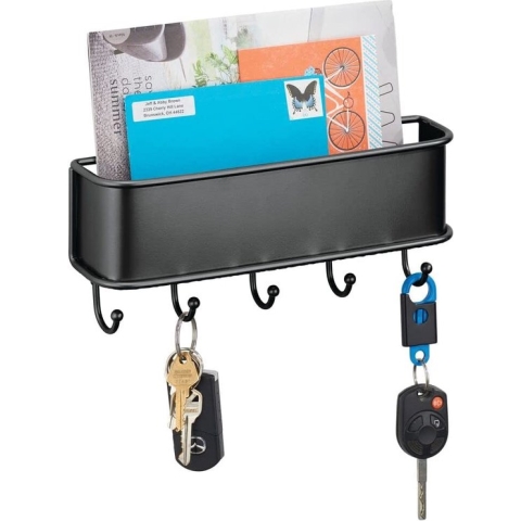 Entree-organizer - posthouder/sleutelrek - voor in de gang - met 5 sleutelhaken/met opbergmand voor post en accessoires/wandmodel - zwart