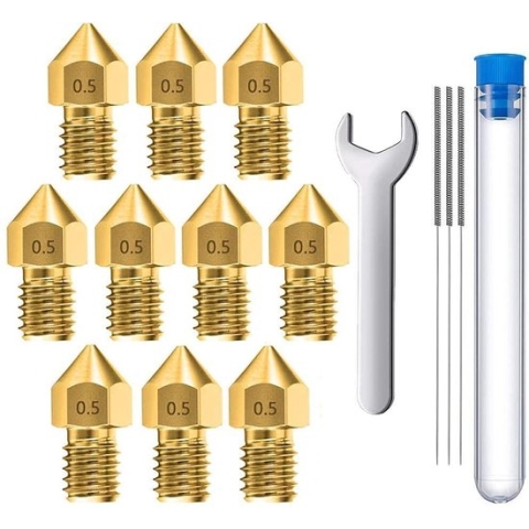 MMOBIEL 10 stuks 0.5mm Messing MK8 3D Printer Nozzles Extruder Incl. 3 reinigingsnaalden