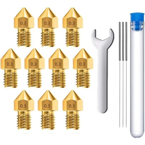 MMOBIEL 10 stuks 0.3mm Messing MK8 3D Printer Nozzles Extruder Incl. 3 reinigingsnaalden