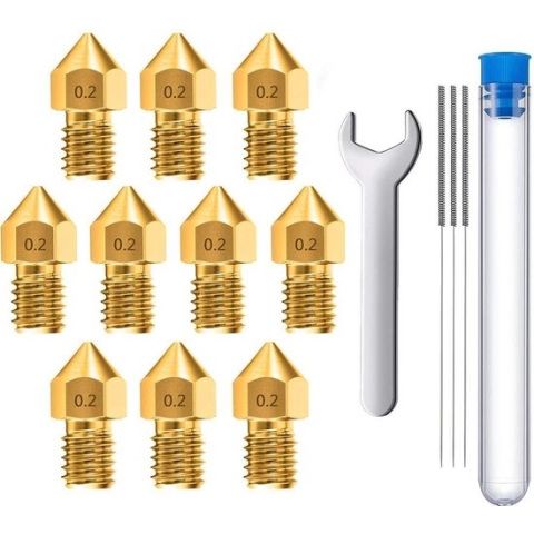 MMOBIEL 10 stuks 0.2mm Messing MK8 3D Printer Nozzles Extruder Incl. 3 reinigingsnaalden
