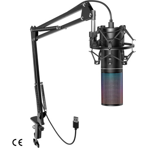 Condensator Microfoon met Arm - RGB Gaming Microfoon met Instelbare Arm - Microfoon voor PC - USB - Met Standaard - Perfect voor Streamen, Podcasten, Opnemen en Gamen - Inclusief Snelle Dempknop - Ideaal voor PS4/5, Twitch, Gamers en Youtubers