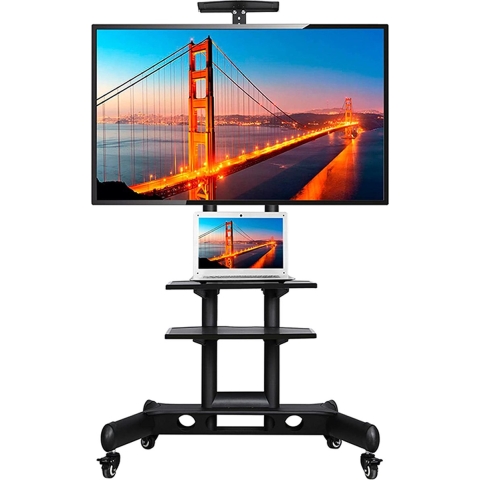 Furnibellaa - TV-standaard, rolbaar, tv-standaard met dienblad, universeel, in hoogte verstelbaar, voor 32-65 inch LED LCD met geïntegreerd kabelgeleidingssysteem, draagkracht tot max. 50 kg