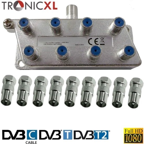 TronicXL 8-voudige sat splitter + F stekker 8-voudige BK satelliet verdeler 8 deelnemers tv-kabel adapter antenneverdeler kabeltelevisie DVBC voor CATV - HD geschikt 4K 3D