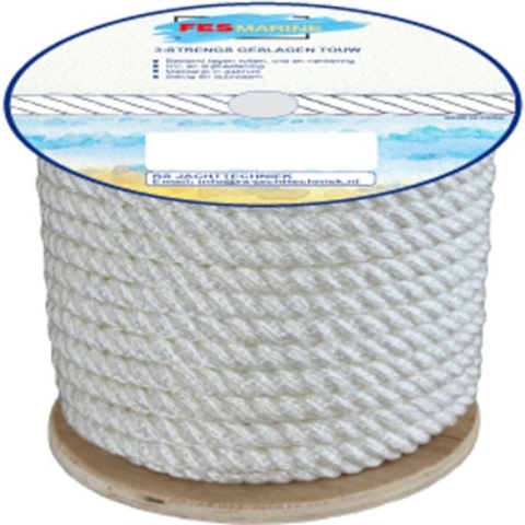 FES Marine Landvast Touw - 3-strengs geslagen polypropyleen per rol - 91 meter - Wit - Ø14mm