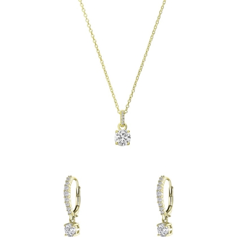 Lucardi Dames Zilveren goldplated sieradenset ketting en oorringen hart zirkonia - Cadeau Set - 925 Zilver - Goudkleurig