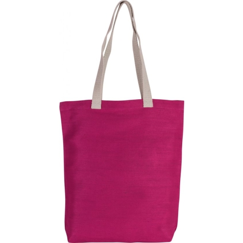 Jute canvas katoenen schoudertasje in het fuchsia roze 38 x 42 cm met lange ecru hengsels - Boodschappentassen - Goodie bags