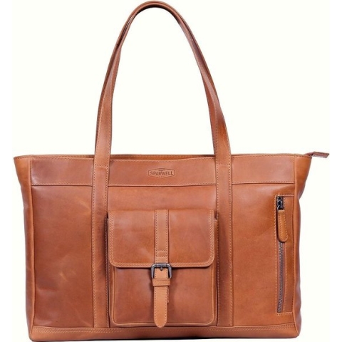 Sparwell Tas - Kreative Katherine - Leren Dames Shopper met rits - 15.5 Inch - Schoudertas - Cognac / Bruin