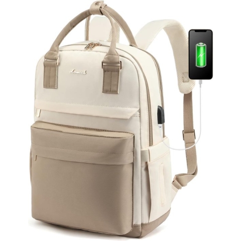 damesrugzak, met vak voor 15,6 inch laptop, meisjes/tieners, met USB-oplaadpoort, waterdichte schooltas, dagrugzak, elegant, voor universiteit/reizen/werk, roze, grijs