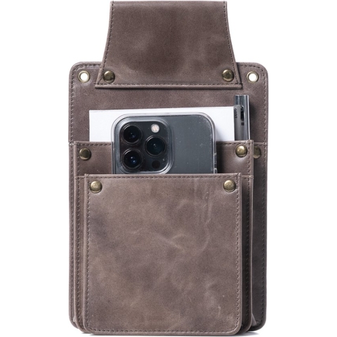 Holster voor horecaportemonnee en digitaal order apparaat. Rund leder, grijs.