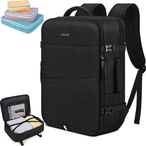 40 liter laptoprugzak voor heren, waterdicht, 17,3 inch met 3 opbergvakken, reisrugzak voor werk, school, weekend, reizen, zwart, zwart, Rugzak