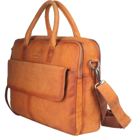 Sparwell tas - laptoptas / schoudertas - 15 inch / 16 inch - leer - veel vakjes! - bruin / licht bruin