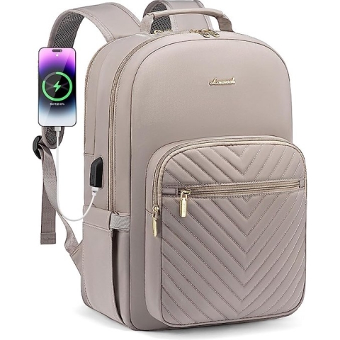 Laptoprugzak voor Dames 15,6 Inch, Waterdicht Rugzak Dames Schoolrugzak voor Jongens en Tieners, Grote Rugzakken met USB-oplaadaansluiting, voor Zaken Reizen School Werk Universiteit, Beige