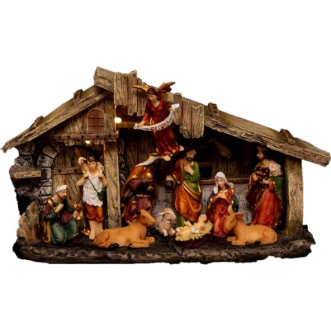 Verlichte kerststal met beelden - L17,8 x B8,5 x H31,5 cm - op batterij