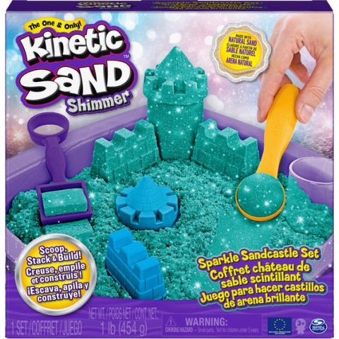 Kinetic Sand Shimmer - Zandkasteel-set met 453 g blauwgroen glinsterend speelzand  3 vormpjes en 2 stuks gereedschap - Sensorisch speelgoed