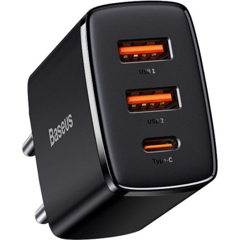 Baseus Compacte Trio Snellader 30W USB/USB-C Adapter Fast Charge Zwart
