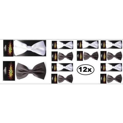 12x Vlinderstrik met elastiek satijn zwart en wit - vlinder strik satijn thema feest festival dresscode black and white