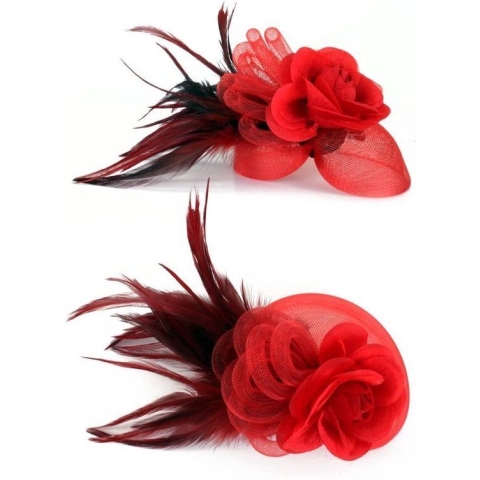 12x Broche tule, tube,veertjes en bloem rood