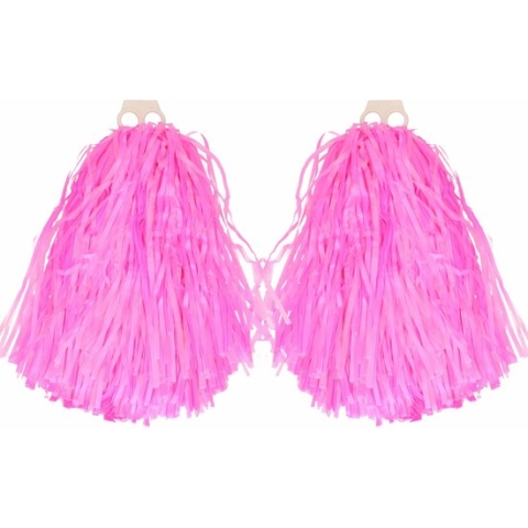 Cheerballs/pompoms - 4x - roze - met franjes en ring handgreep - 28 cm