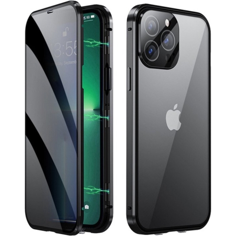 iPhone 13 Pro Max Hoesje Dubbelzijdig Gehard Glas Case - iPhone 13 Pro Max Hoes Met Magnetische Adsorptie - Zwart