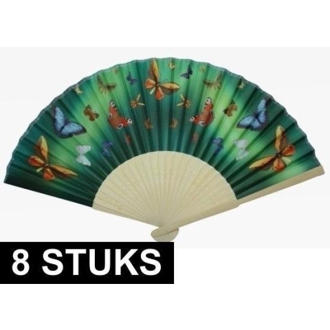 8x Spaanse hand of deco waaiers met vlinder print - Decoratie waaiers vlinderprint