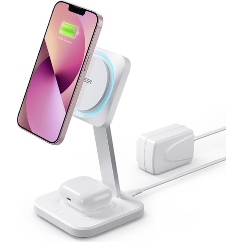 ESR HaloLock 2 in 1 Draadloze MagSafe Oplader 24W iPhone/AirPods Wit