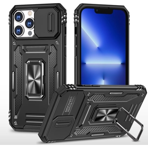 Podec Hoesje geschikt voor iPhone 12 Pro Zwart Telefoonhoesje - Anti-Shock Case Cover Hybrid Armor Hoes met Kickstand Ring met Screenprotector