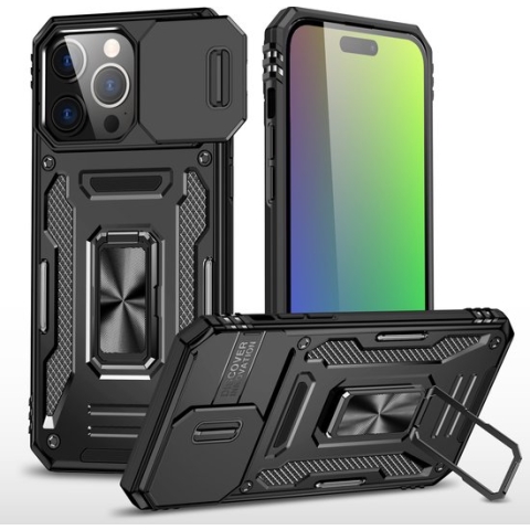 Podec Hoesje geschikt voor iPhone 15 Pro Max Zwart Telefoonhoesje - Anti-Shock Case Cover Hybrid Armor Hoes met Kickstand Ring met Screenprotector