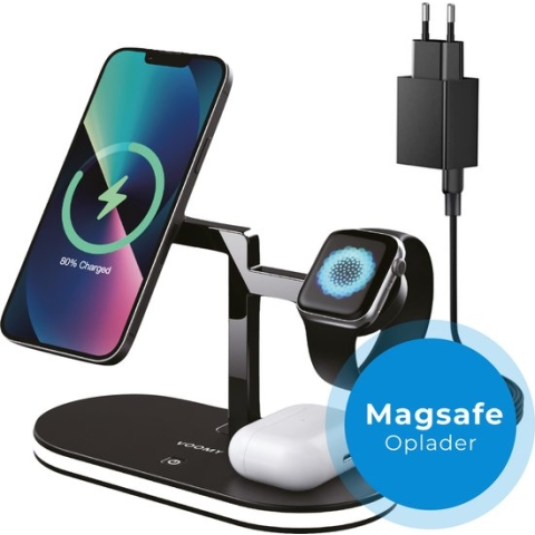 Voomy 5-in-1 Qi Draadloze Oplader Magsafe - Wireless Charger 15W - Iphone - Inclusief Adapter & Kabel - Dimbaar Nachtlampje