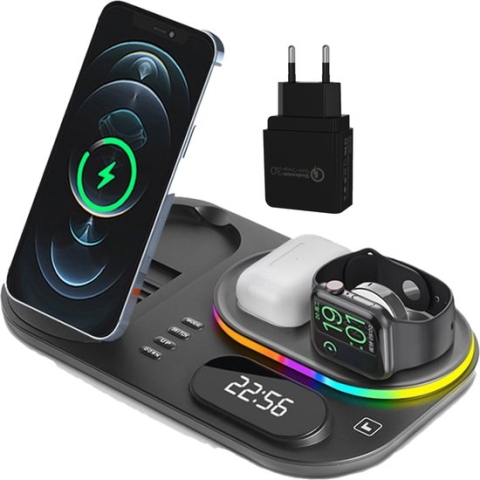 iSetchi Draadloze Qi Oplader 4-in-1 (15 Watt) - Met QC 3.0 adapter - LED Klok & LED Lamp - Qi Oplaadstation - Voor Apple & Android