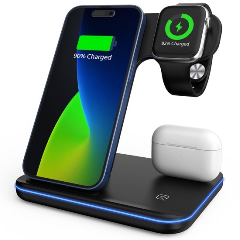 Strex 3-in-1 Draadloze Oplader - Wireless Charger - 15W Fast Charger - Oplaadstation Met Snellader Geschikt Voor Smartphone/iPhone/Apple Watch/AirPods
