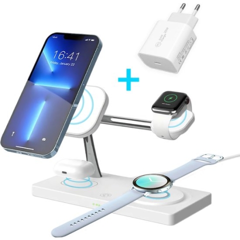 KOJY 7 in 1 Draadloze Oplader Pro - Inclusief Nachtlamp - 15w Snellader - Touch control - Magnetisch - Opladen zag er nog nooit zo eye-catching uit - Oplaadstation Apple - Ook geschikt voor Samsung GalaxyWatches - iPhone & Samsung - Wit