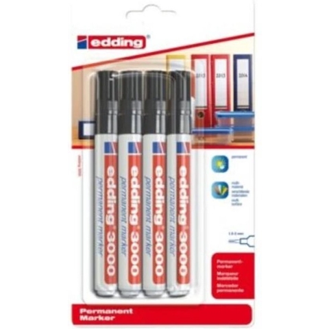 edding 3000/4 permanent marker - zwart - 4 stuks - ronde punt 1,5-3mm - sneldrogende permanent marker - water- en wrijfvast -voor karton, kunststof, hout, metaal - universele marker - alcoholstift