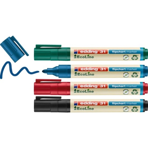 edding 31/4S Ecoline flipchartmarker set - assorti 4 stuks: zwart, rood, blauw, groen - 1,5-3mm