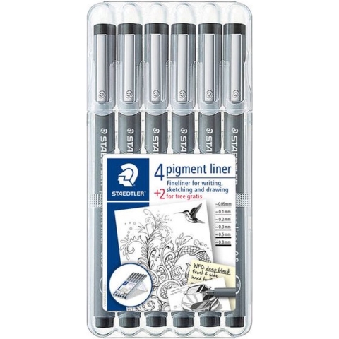 Fineliner Staedtler Pigment 308 zwart set 4+2 gratis - 16 stuks