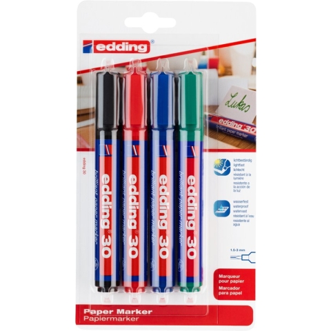 edding 30/4 brilliant paper marker - 4 stuks - zwart/blauw/rood/groen - ronde punt 1,5-3 mm - op papier schrijven - drukt niet door