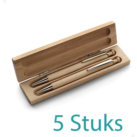 5 Luxe pennensets in hout (Beukenhout) - Balpen en vulpotlood - In houten doosje - Kan gepersonaliseerd worden met logo of naam
