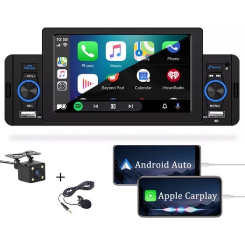 Boscer® 1Din Autoradio | 5' HD Touchscreen | Apple Carplay & Android Auto | Bluetooth, USB & MP5 | Achteruitrijcamera & Externe Microfoon