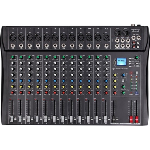 DA12 DJ-sound-controller-interface met USB-poort voor computeropnames, 12-kanaals audio-mixer, XLR-microfoonaansluiting, 48 V voeding, cinch-ingang/uitgang