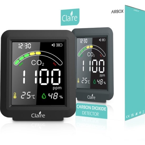 Claire Airbox CO2 meter - Luchtkwaliteitsmeter - Met hygrometer en thermometer - Draagbaar & oplaadbaar - Zelfkalibrerende NDIR sensor