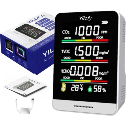 YILOFY Professionele 5 in 1 Luchtkwaliteitsmeter met Alarm Incl. E-book - CO2 Meter - Scholen - Horeca - Hygrometer - Draagbaar LCD Scherm Monitor CO2 - Luchtvochtigheidsmeter Sensor - Melder - Thermometer - Oplaadbaar + USB Kabel