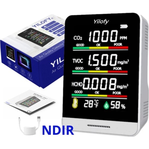 YILOFY NDIR Variant Professionele 5 in 1 Luchtkwaliteitsmeter met Alarm Incl. E-book - CO2 Meter - Scholen - Horeca - Hygrometer - Draagbaar LCD Scherm Monitor CO2 - Luchtvochtigheidsmeter Sensor - Melder - Thermometer - Oplaadbaar + USB Kabel