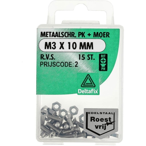 Deltafix metaalschroef platkop + moer r.v.s. a2 m3 x 10 mm din 965 /din 934 15 st.