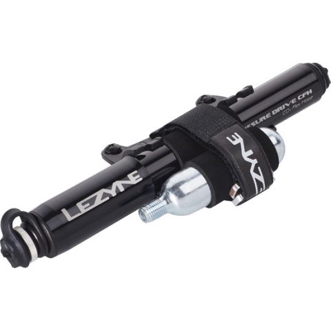 Lezyne Pressure Drive CFH - Handpomp / Co2 Dispenser - Fietspomp - Tot 8.3 bar - Presta en Schrader ventielen - Inclusief 16 gram Co2 & Velcro strap - Aluminium - Zwart