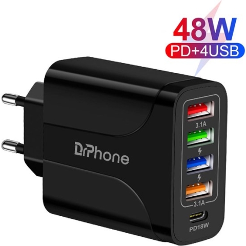 DrPhone HALOXIII – 48W 4 USB Poorten Snel Lader + USB-C PD 18W - QC 3.0 & 3.1A Thuislader- Oplader - Universeel – Zwart